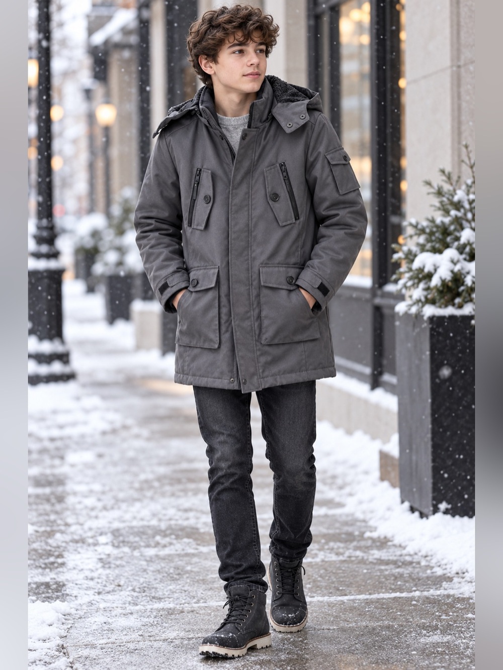 NWT Urban Republic Boys 14/16 Gray Sherpa Lined Hooded Utility Parka